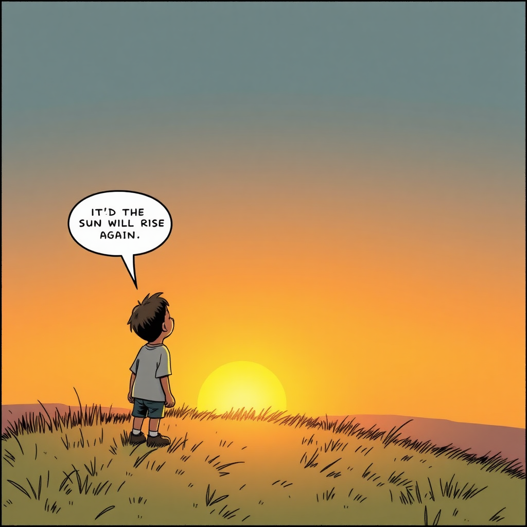 A single comic book panel of a boy and his father on a grassy hill, staring at the sunset. A speech bubble points from the boy's mouth and says: The sun will rise again. Muted, late 1990s coloring style