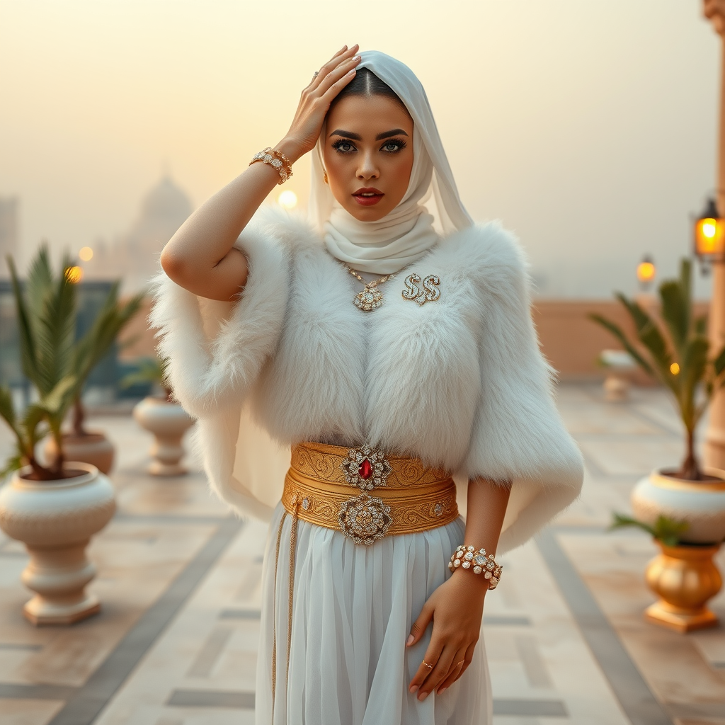 Kuwait desert palace harem patio misty dawn: Melissa, European 17 years old very convincing femboy “trophy-bimbo”, tamed servile docile, very beautiful feminine flawless face, rather short, by hormones very curvaceous womanly figured, heavily made-up eyes, wearing Supertanya-style fluffy very fuzzy bright white angora turtleneck-poncho cropped ending under bust decorated with pearls and gemstones, striking oriental wide gold bridal protection belt, white fully transparent harem pants, full Oriental bridal jewelry, face covered by white sheer full Burka, coin anklets, striking diamond “$$$” letter brooch on left chest, pout frustrated, seductively dancing hands over her head, looking at camera. Full view.