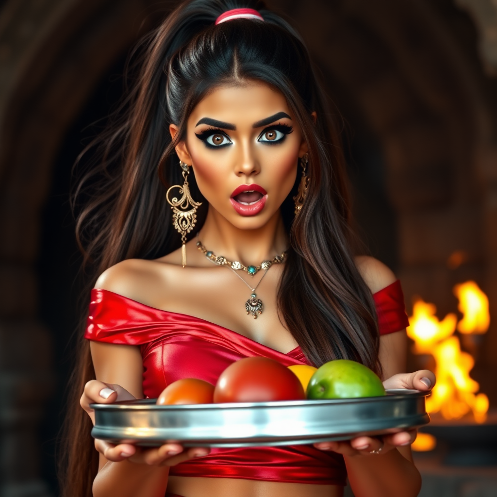 realistic photo of a surprised Arabian model with mouth open. She has very large eyes, black eyeshadow, black eyeliner, fake eyelashes, very tanned skin, very long hair. very high ponytail, she look likes princess jasmine, shinny red off shoulder crop top. photo realistic. She holds a metal tray with fruits just above her waist. crop top, shinny red skirt. full body view. shinny red pencil skirt. dungeon with fire torches in the background.