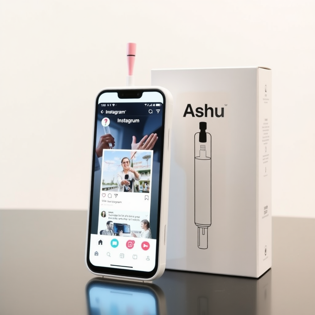 A close-up straight front view of a mobile phone in the shape inspired by a syringe, white pink futuristic, kept for sale leaning to a box with text Ashu and minimal design, in a showroom, touchscreen phone with Instagram page open on the screen, needle on top, whitepunk.