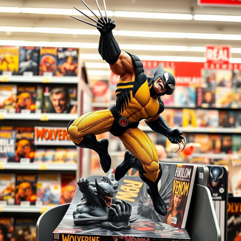 Jumping out of a Comic book cover on a store shelf is Wolverine and Venom. Wolverine has his claws impaled into Venom holding him in the air over his head in Cinematic Real3D photo-realistic quality.