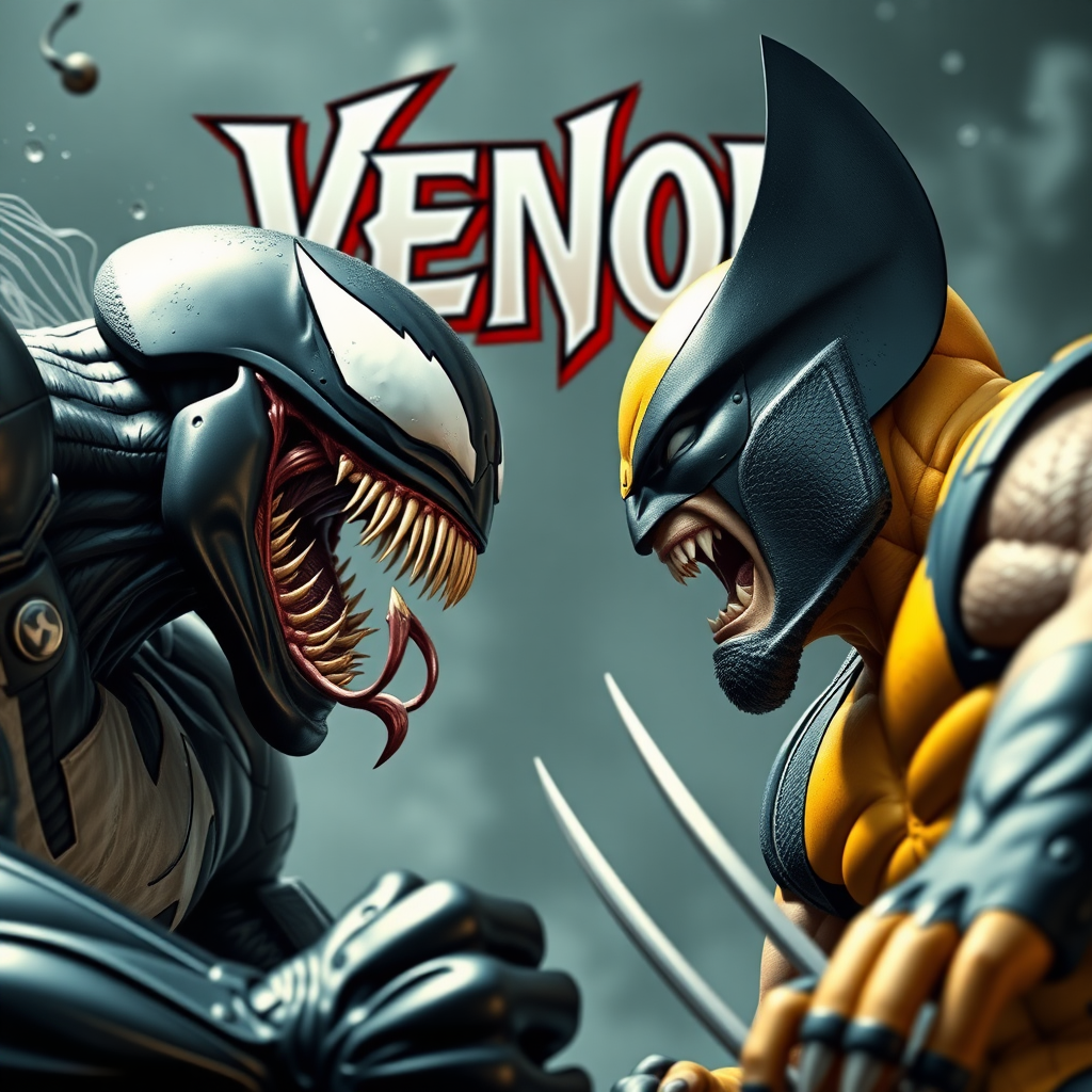 On a comic book cover is Venom Vs Wolverine in Cinematic Real3d photo-realistic quality.