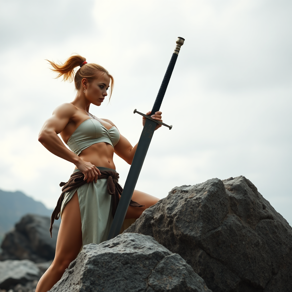 huge massive strong muscular bodybuilder girl, strapless dress, removing a sword from a rock