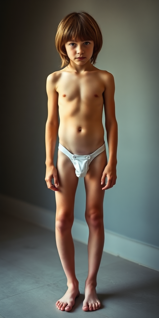 A skinny 13-year-old teen harem boy, long hair in a bowl cut, long legs, bare thighs, erotic pose. Full-length view.