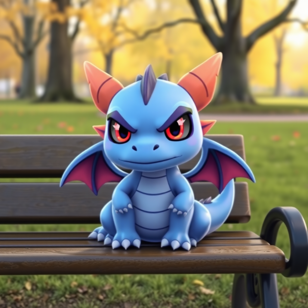 A cartoon blue small dragon with two legs, two arms, black angry eyes with red pupils and wings sitting on a bench in a park