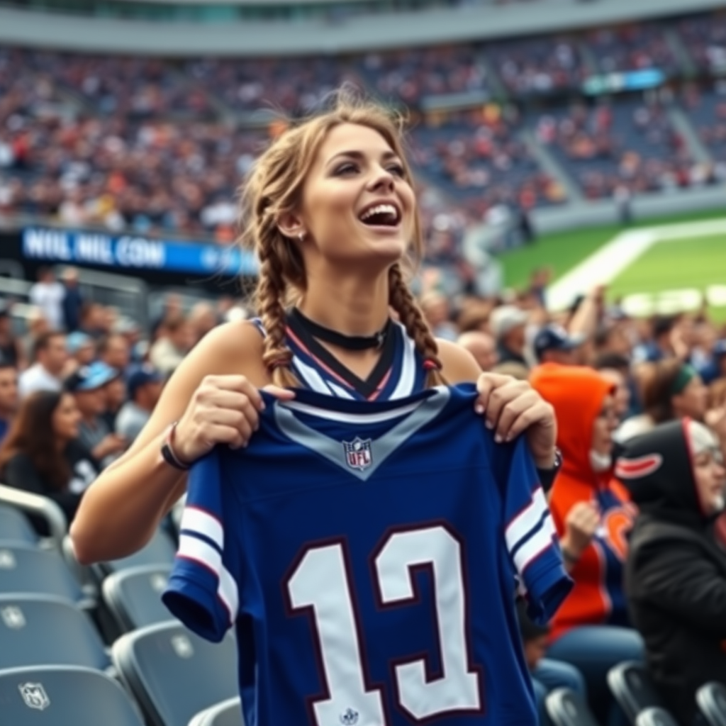 Attractive female NFL fan, pigtail hair, chanting, at crowded bleacher row, holding up spare jersey, in NFL stadium