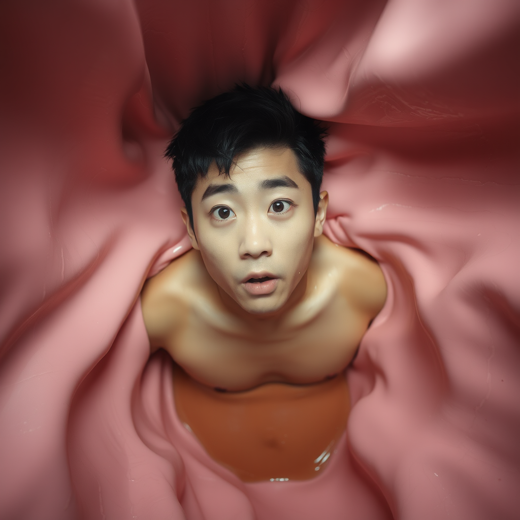 View from above. Young Korean man stuck in a tight space. Only his head and torso are visible. The walls of the space are undulating, pink, wet, and engulfing his body. He has a surprised expression.