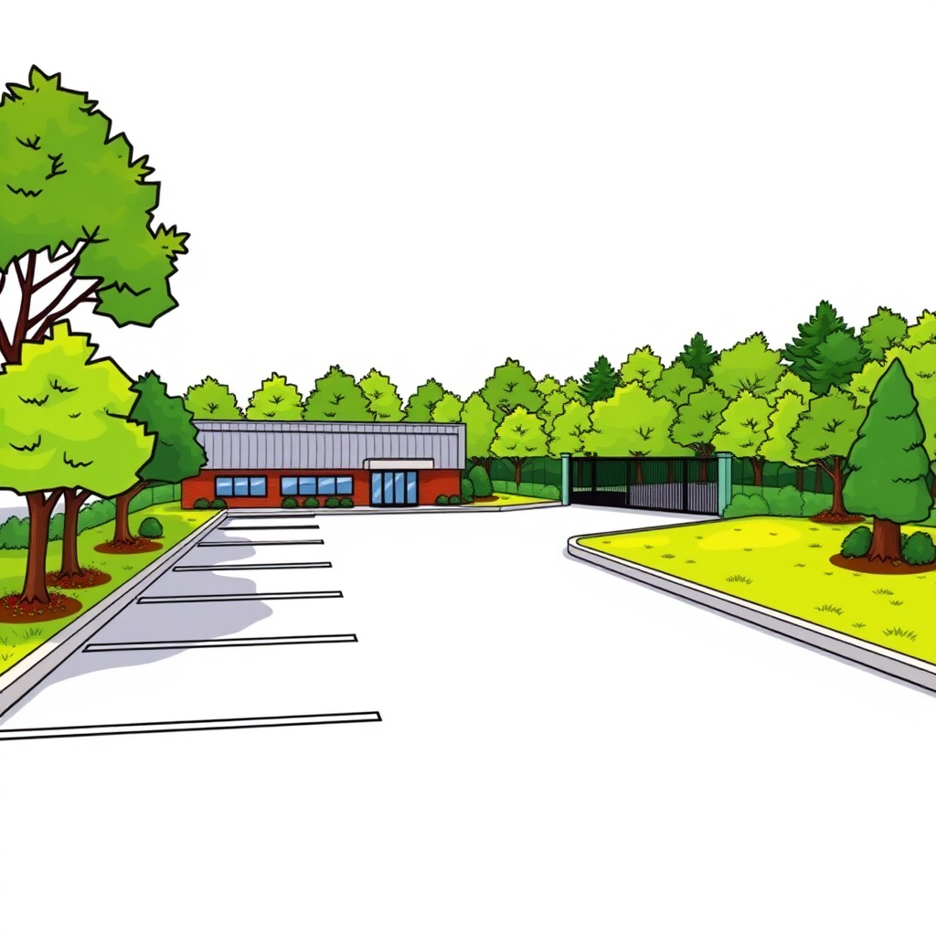 a small company parking lot, borders, trees, lawn, wood outskirt on the right, company gate in the background, colorful image long establishing shot, 2D, caricature, cartoon, sketch lines, coloring book, coloring book style on white background, well composed, clean coloring book page, no dither, no gradient, strong outline, no fill, no solids, vector illustration, realistic proportions, left side view