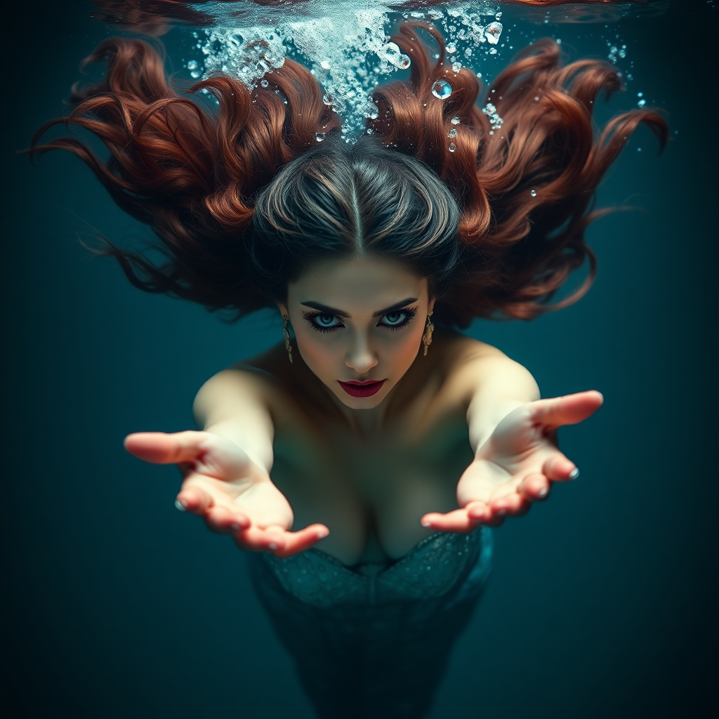 Vampirella as a mermaid underwater, hair floating in a nimbus around her beautiful face, her arms outstretched towards the viewer and she's looking down into the viewer's eyes making intense eye contact. Diaphanous. Real DSLR HD Photography. Burlesque.