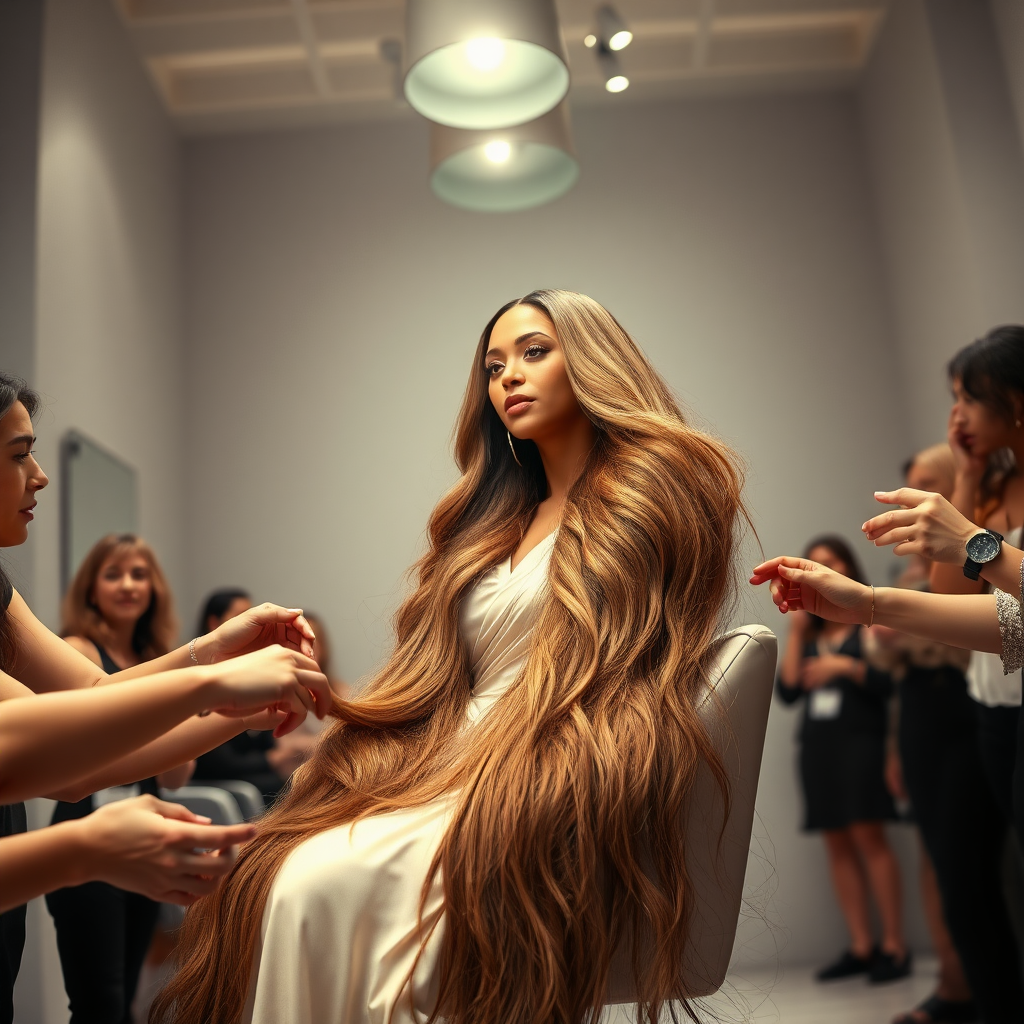 In an elegant, sunlit salon, adorned with soft, minimalistic decor, the stunning Beyoncé sits gracefully in a salon chair, her incredibly long, luxurious hair cascading like a flowing waterfall of silk down her shoulders and past her waist. The gentle glow of overhead lights highlights the rich, deep hues of her hair, each strand reflecting the brilliance of the space around her.

As an interactive long hair fetish performance art exhibit unfolds, curious visitors gather around, their eyes alight with fascination and excitement. Some eagerly reach out, gently grasping her hair between their fingers, feeling the smooth texture slip through their hands, while others playfully tug at it, testing the boundaries of their interactions. Each movement is accompanied by a symphony of soft gasps and murmurs of appreciation, enhancing the atmosphere of intimacy and connection.

The background is a simple, unobtrusive gray, allowing the artistry of the moment to take center stage. The air is charged with a sense of wonder and exploration, as visitors not only admire Beyoncé's hair but also engage in this tactile experience, deepening their understanding of the artistry behind her presence. Her expression is a mixture of serenity and playful engagement and submission, reflecting her comfort and trust in this unique performance, ultimately creating a captivating scene where art and audience intertwine seamlessly.