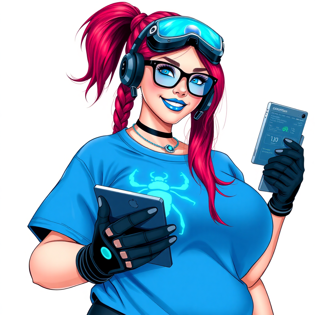 A full-sized, intelligent and tech-savvy 28-year-old computer hacker and tech genius. She has a long ruby red ponytail. She wears maximum blue lipstick, blue eyes, a sapphire beetle gemstone necklace, sapphire earrings, black eyeglasses, hi-tech power gloves, and a gigantic oversized maximum blue t-shirt featuring a neon blue glowing beetle chest icon. She has a full-figured physique with a prominent, gargantuan, round midsection, reflecting her well-cared-for lifestyle. She sports a sapphire headset with a hi-tech maximum turquoise lensed HUD, and a beaming smile accentuated by a passionate neon red blush. She serves as his tech expert from his hideout, holding a futuristic tool wrench and a futuristic digital tablet. The background is solid white. She is drawn as if she was in a retro 2D cyberpunk fighting game.