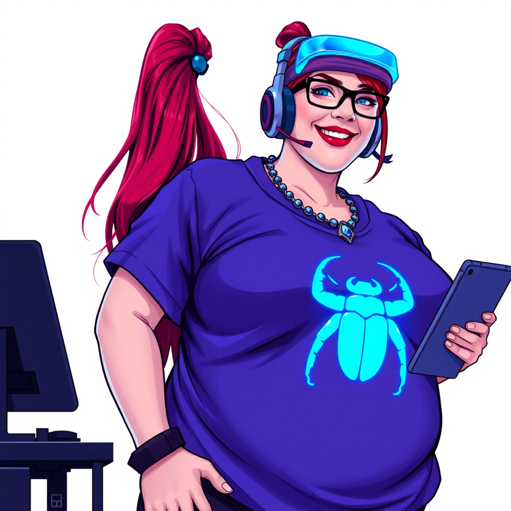 A cyberpunk vigilante’s full-figured intelligent and tech-savvy 29-year-old girlfriend, who is a computer hacker and tech genius. She has a long ruby red ponytail and bright blue eyes. She wears a sapphire beetle gemstone necklace, and an oversized Maximum Blue (RGB 71, 171, 204) t-shirt featuring a giant neon blue glowing icon of a beetle on its chest. She has a full-figured physique with a prominent, gargantuan, round midsection, reflecting her well-cared-for lifestyle. The midsection is heavily emphasized. She sports a sapphire headset with hi-tech Maximum Blue (RGB 71, 171, 204) lensed HUD visor, Maximum Blue (RGB 71, 171, 204) lipstick, black eyeglasses, and a beaming smile with a passionate bright red blush. Despite her figure and a lack of self-esteem, she radiates an air of beauty. She has an angular face which contributes to her radiant beauty. She serves as his tech expert from his hideout, holding a holographic tablet and a hi-tech tool wrench. The background is solid white. She is drawn as if she was in a retro 2D cyberpunk fighting game. Make sure her shirt covers her round midsection.