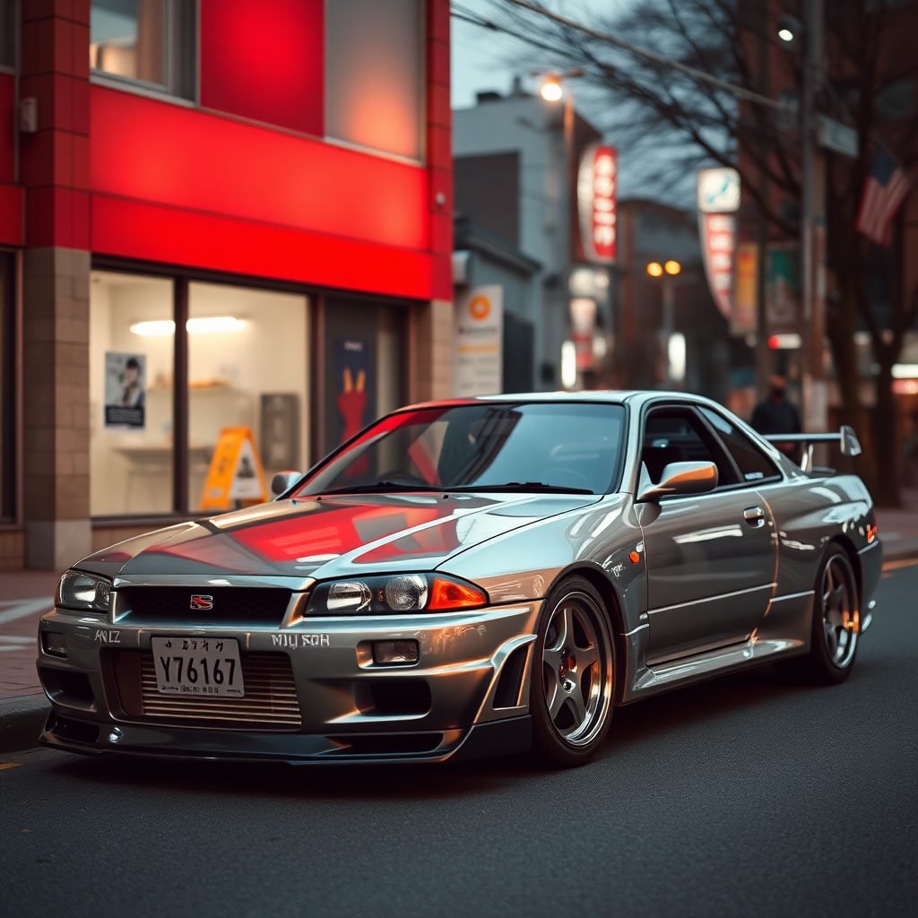 The car is parked on the side of the road, inspired by Taiyō Matsumoto, tumblr, restomod, nd4, c4 metallic shine nissan skyline r34 kalabalik tokyo gece arkaplan