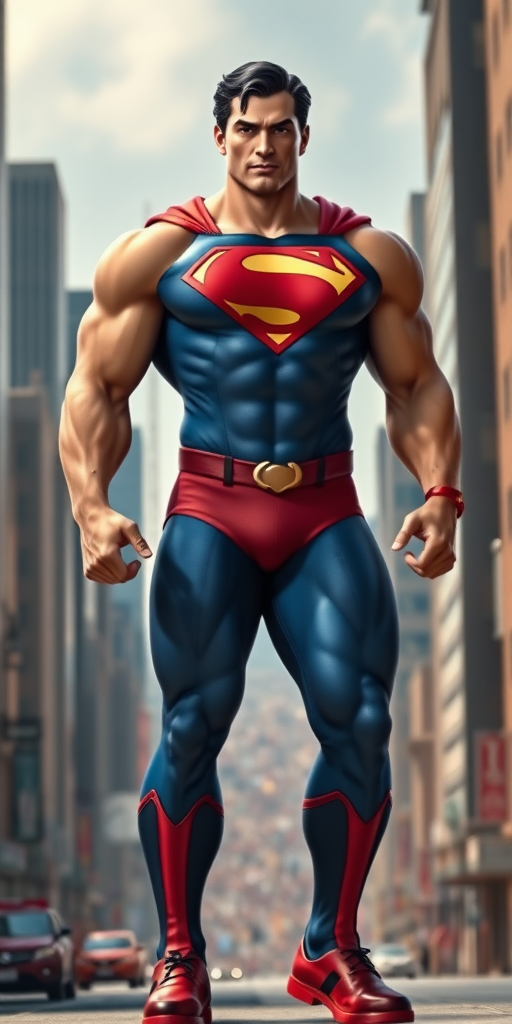 Create a photorealistic full-length image of Superman with the bodily attributes of R. Mika from Street Fighter. Depict him with Mika's muscular yet curvaceous physique, emphasizing broad shoulders, toned arms, and powerful thighs, while maintaining Superman's iconic costume and 'S' emblem. Place him in a dynamic pose, standing tall and confident in the heart of Metropolis, with skyscrapers and a bustling cityscape behind him. Ensure the image captures both the power of Superman and the strength and agility of R. Mika.