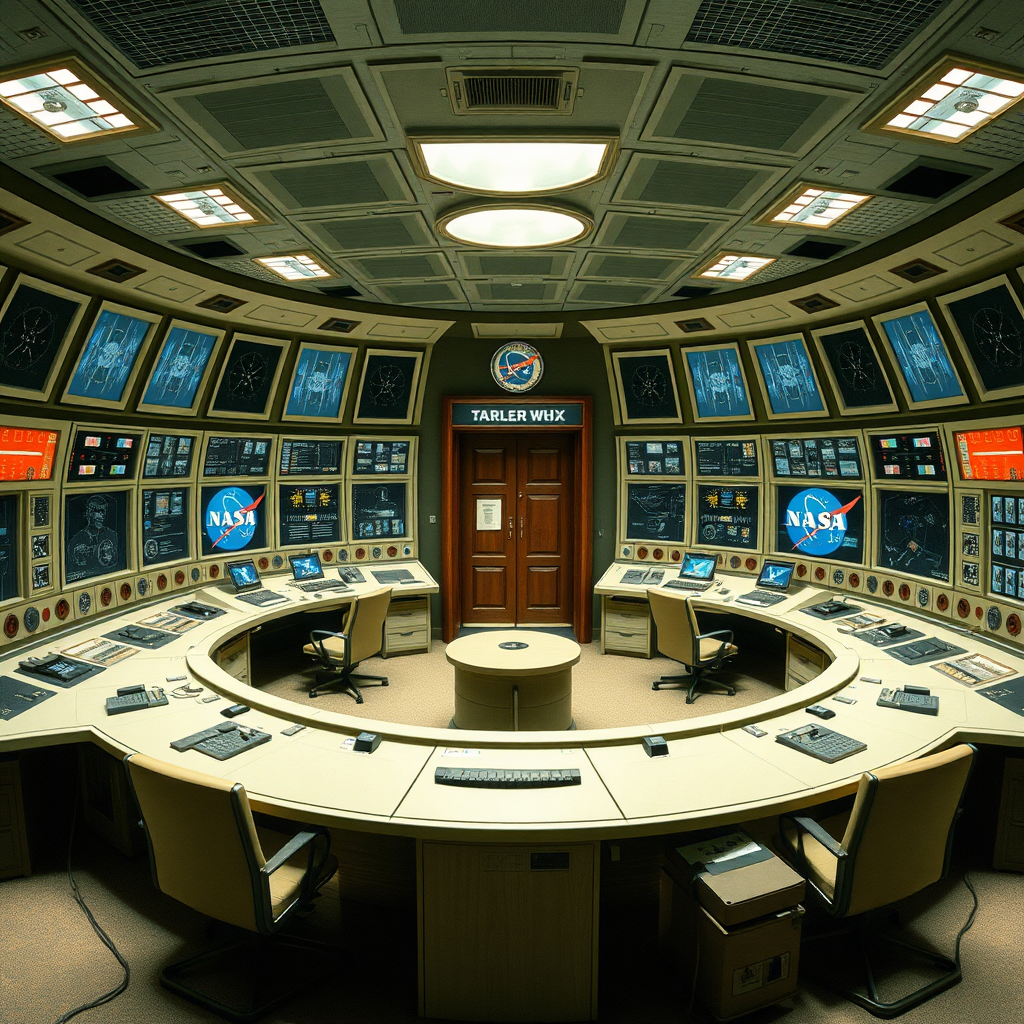 TARDIS control room in the style of 1970s NASA control room