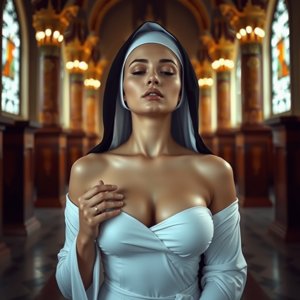 Erotic pornographic picture of a nude nun praying in a temple, big breasts