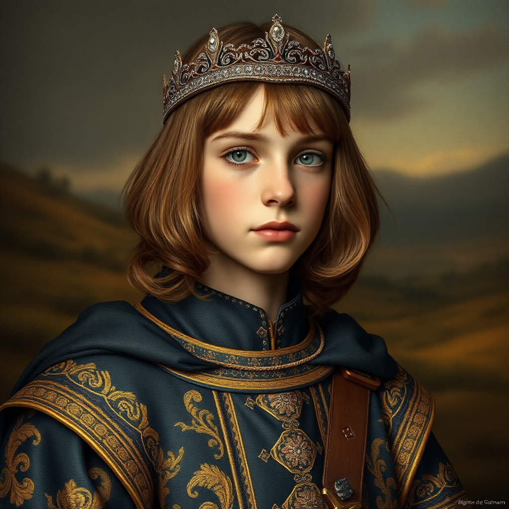 16yo teen boy prince, long bob cut, embroidered with gold and diamonds medieval cloths, diamond diadem, and Beautiful War. Free style by FLUX photorealistic. The background is in the style of landscape style by Antonio del Polaiolo, Generating the 3mm caption at the bottom: Hail to FLUX & Robin Rombach & Andreas Blattmann!, ultra high resolution, 16K,