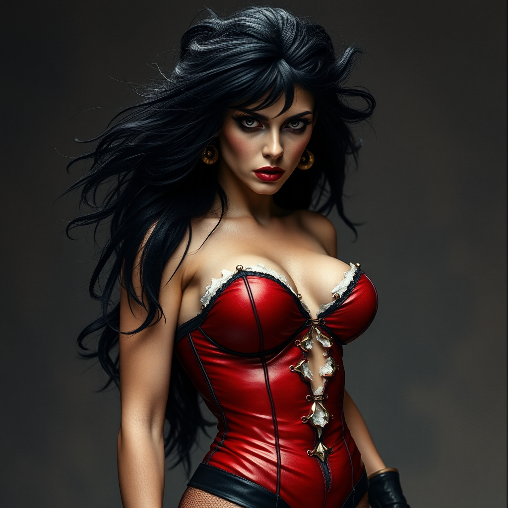 Vampirella looking angry. Her bodice is torn and her hair is a mess. DSLR