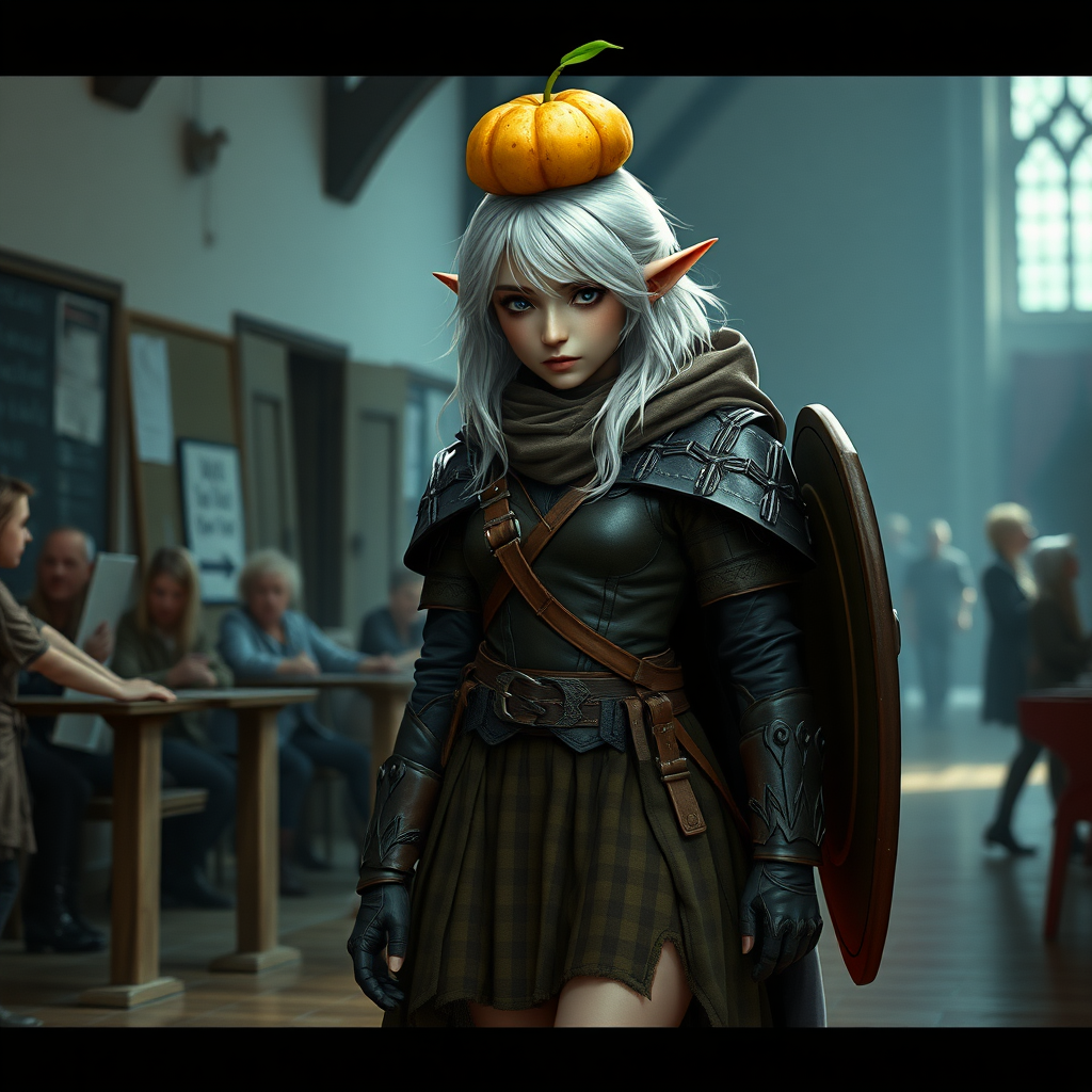 A twenty-something elf girl like (Ana de Armas). Messy shoulder-length white hair, wide triangular shoulder pads, flowing cloak, leather armor, shield, skirt, high-heel ankle boots. She is at a school. There is a potato on her head. WLOP style. Photorealistic digital matte painting, highly detailed, film grain, lens flare, chromatic aberration.