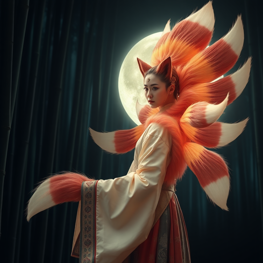 A Korean eerie-looking woman in an ancient Hanbok transforms into a nine-tailed fox in front of the full moon in a bamboo forest.