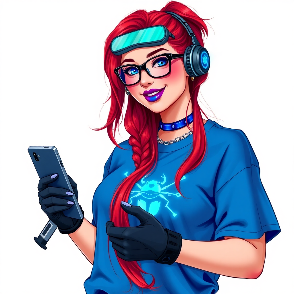 An intelligent and tech-savvy 29-year-old computer hacker and tech genius. She has a long ruby red ponytail. She wears maximum blue lipstick, blue eyes, a sapphire beetle gemstone necklace, sapphire earrings, black eyeglasses, hi-tech power gloves, and an oversized maximum blue t-shirt featuring a neon blue glowing beetle chest icon. She has a gargantuan full-figured physique with a prominent round gargantuan midsection, reflecting her well-cared-for lifestyle. She sports a sapphire headset with a hi-tech maximum turquoise lensed HUD, and a beaming smile accentuated by a passionate neon red blush. She serves as his tech expert from his hideout, holding a futuristic tool wrench and a futuristic digital tablet. The background is solid white. She is drawn as if she was in a retro 2D cyberpunk fighting game.