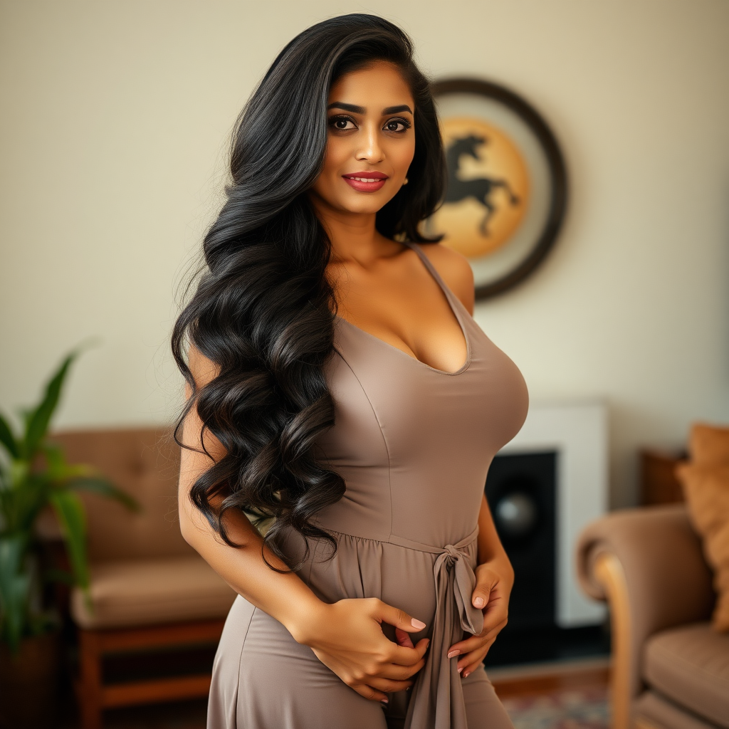 Pretty woman of Sinhalese ethnicity in her mid 20s with very long volumnized layered hair and huge breasts in a dress, hips, in an indoor scene