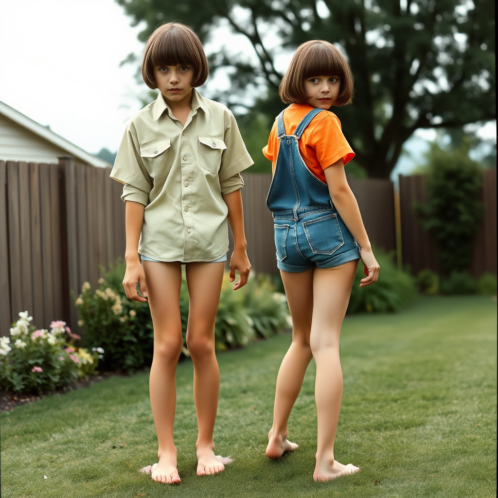 two tall 14yo teen boys, long hair bob cut, wearing shirts and very tight booty shorts or denim tight booty Shortall, long legs, narrow thighs, full-length front view. 1970s. Playing at backyard. photorealistic, ultra high resolution, 16K, Negative: grainy, blurry, bad anatomy, extra limbs, watermark.