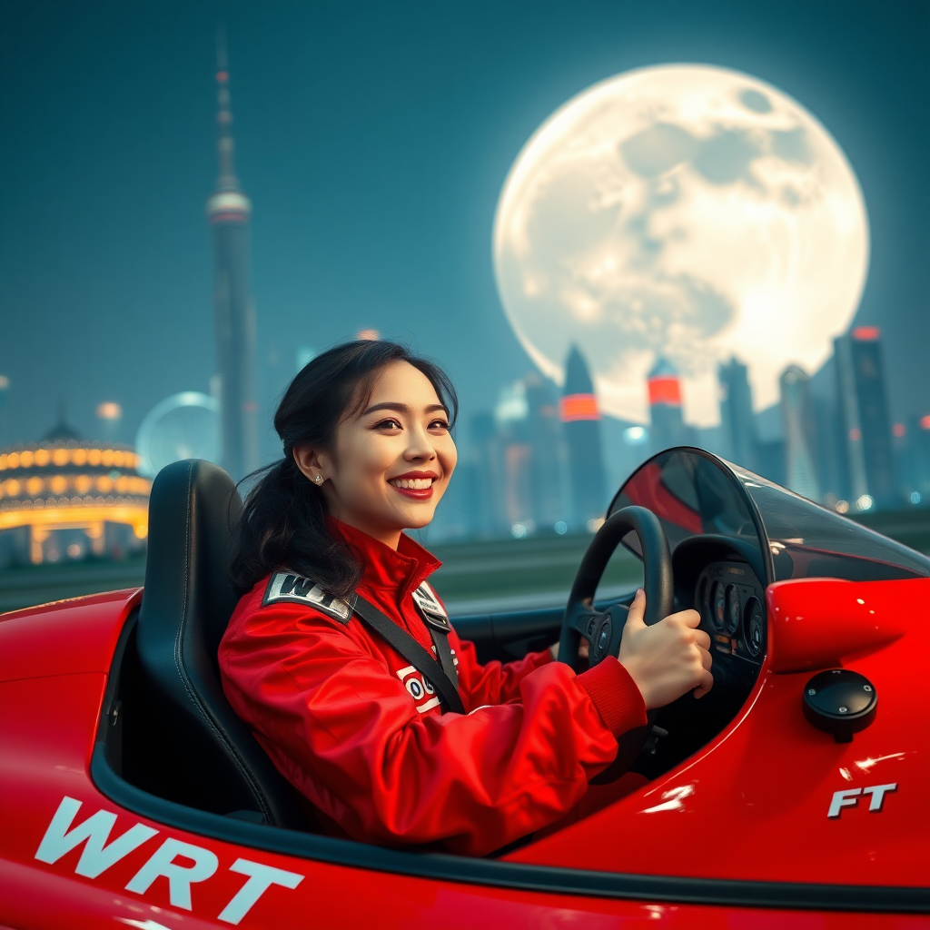 A Chinese beauty race car driver, smiling, driving a red race car with only "WRT" written on the car body and the red racing suit. The background features the night scene of Shanghai and an enormous moon.