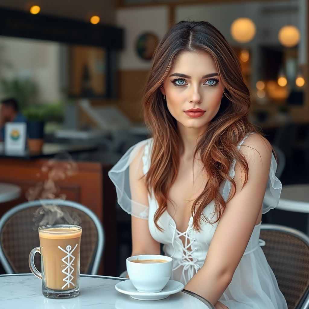 A young woman with brunette hair, pale blue eyes, wearing a translucent white dress and white lace-up high heels. She is sitting in front of a café at a table, with a cup of steaming coffee on the table. Photo.