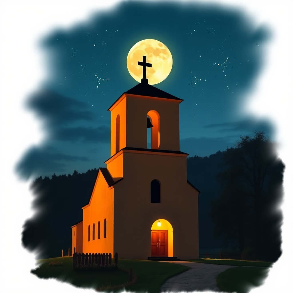 a country with a church with a square bell tower without a spire and cross, with lights, a big moon with a very starry sky and semi-darkness