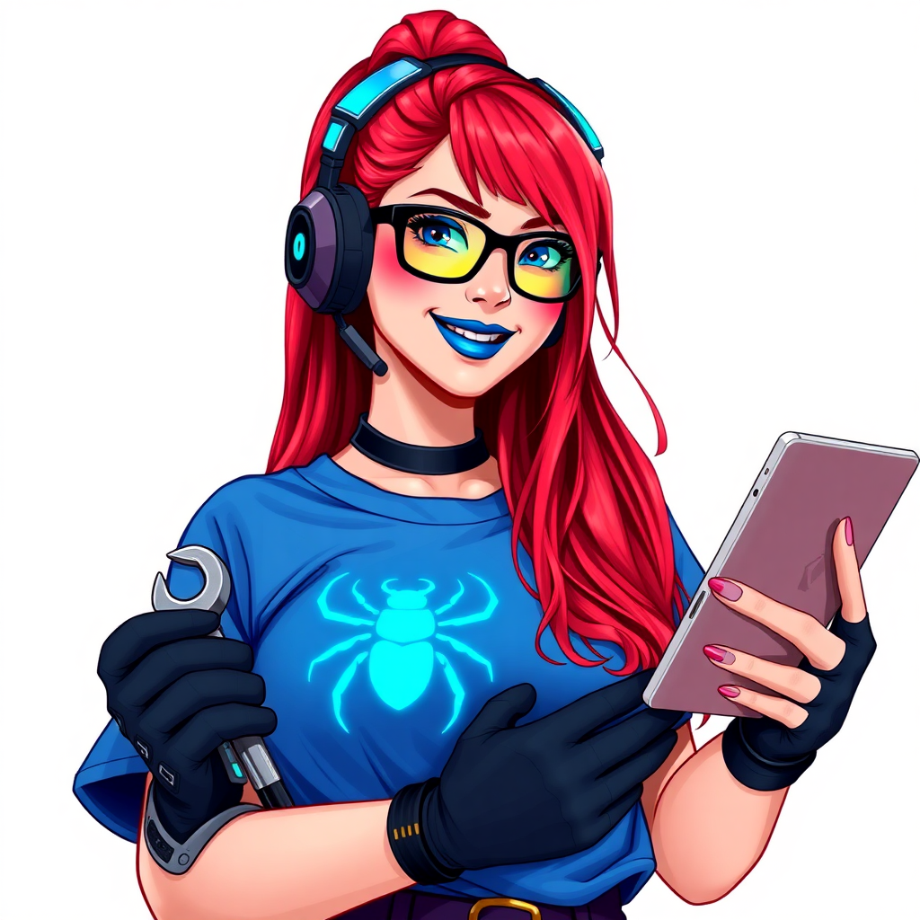 An intelligent and tech-savvy 29-year-old computer hacker and tech genius. She has a long ruby red ponytail. She wears maximum blue lipstick, blue eyes, a sapphire beetle gemstone necklace, sapphire earrings, black eyeglasses, hi-tech power gloves, and an oversized maximum blue t-shirt featuring a neon blue glowing beetle chest icon. She has a gargantuan full-figured physique with a prominent round gargantuan midsection, reflecting her well-cared-for lifestyle. She sports a sapphire headset with a hi-tech maximum turquoise lensed HUD, and a beaming smile accentuated by a passionate neon red blush. She serves as his tech expert from his hideout, holding a futuristic tool wrench and a futuristic digital tablet. The background is solid white. She is drawn as if she was in a retro 2D cyberpunk fighting game.