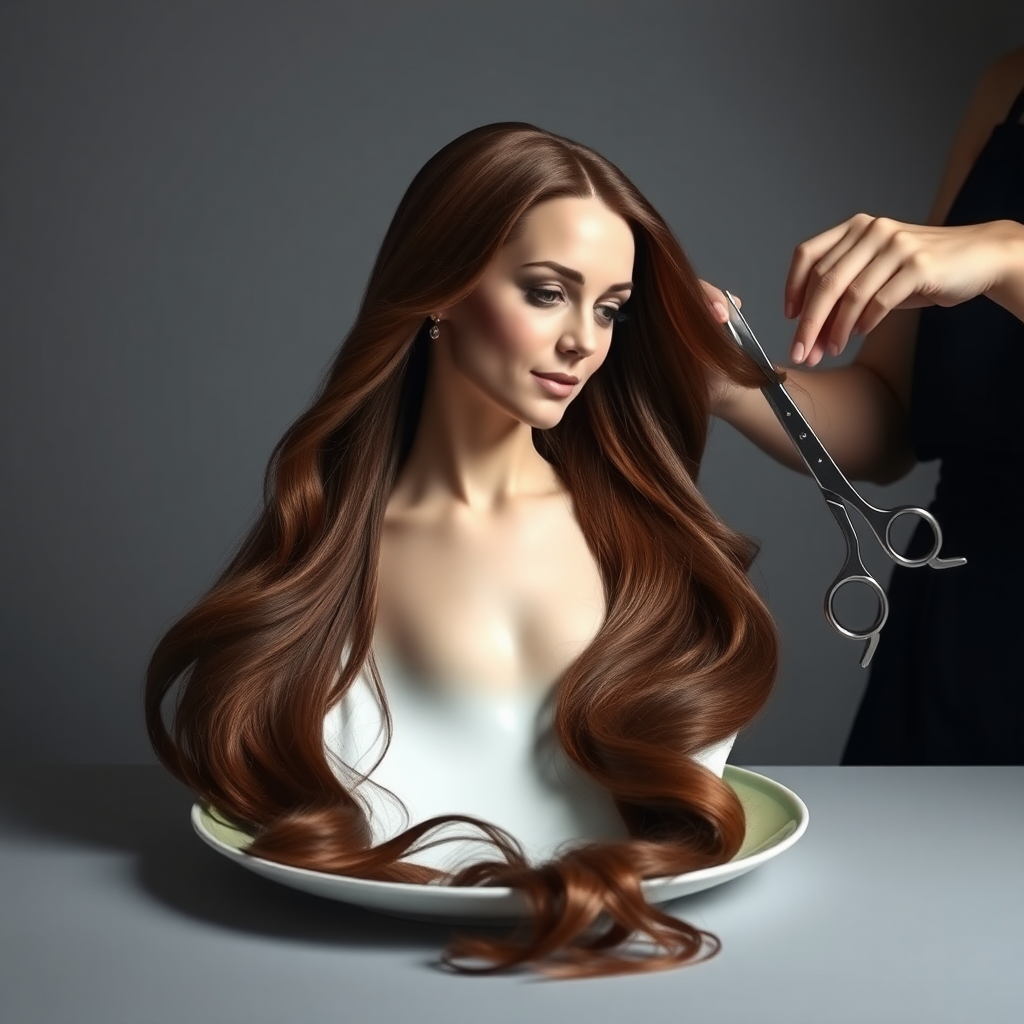 In a strikingly surreal scene, a beautifully crafted porcelain plate holds the disembodied head of a graceful Kate Middleton, her long, flowing hair cascading around like a luxurious waterfall of silky strands, shimmering in various shades of deep chestnut. Each hair seems to catch the light, creating an almost ethereal glow. Nearby, a meticulous hairdresser, dressed in a sleek black apron, carefully snips away at Kate's locks with precision scissors, their actions fluid and deliberate, emphasizing the delicate artistry of the moment.

The setting boasts minimalist decor, with a plain gray background that heightens the focus on this bizarre tableau. Soft shadows play across the smooth surface of the plate, enhancing the haunting beauty of Kate's serene expression, which conveys both elegance and an uncanny sense of stillness. The atmosphere is a blend of surreal calm and unsettling intrigue, pulling the viewer into a dreamlike space where reality and imagination intertwine. Gentle noises of scissors softly clipping away hair are the only sounds in this peculiar yet captivating scenario, heightening the tension and drawing viewers into this striking juxtaposition of beauty and the bizarre.