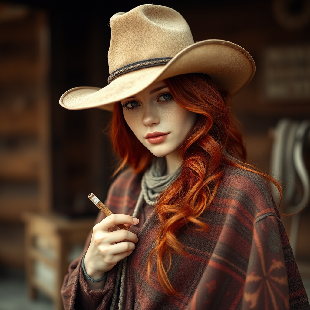 A red haired woman in a western poncho, wearing a dusty cowboy hat, holding a cigarette