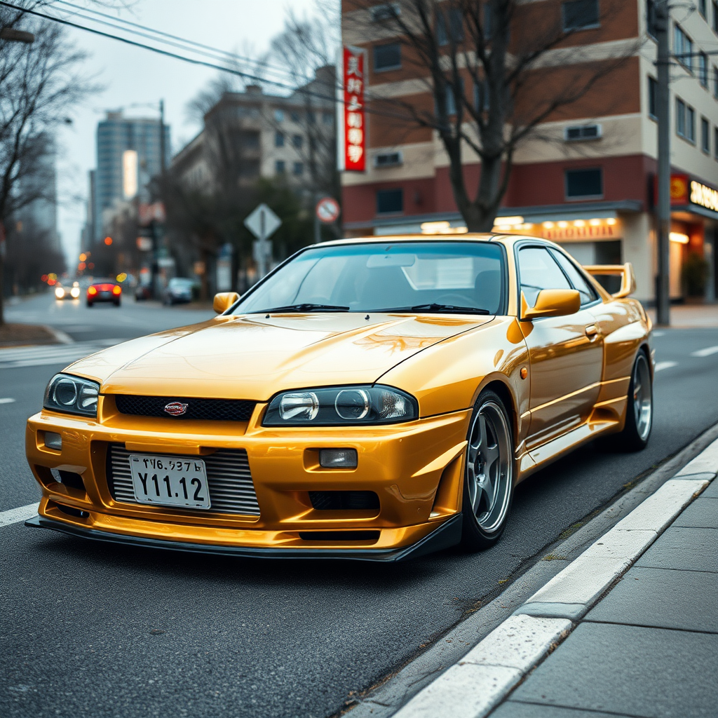 the car is parked on the side of the road, inspired by Taiyō Matsumoto, tumblr, restomod, nd4, c4 metallic shine nissan skyline r34 kalabalik tokyo gece arkaplan