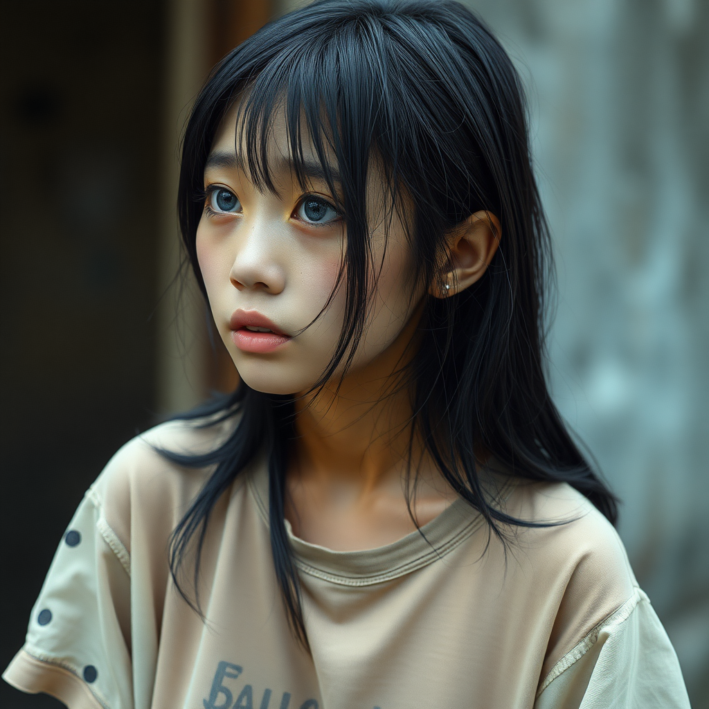 A homeless and sad and mystery and surreal Asian girl in a very old, transparent T-shirt, with black hair and steel blue eyes is looking without hope in her eyes and a little bit crying.