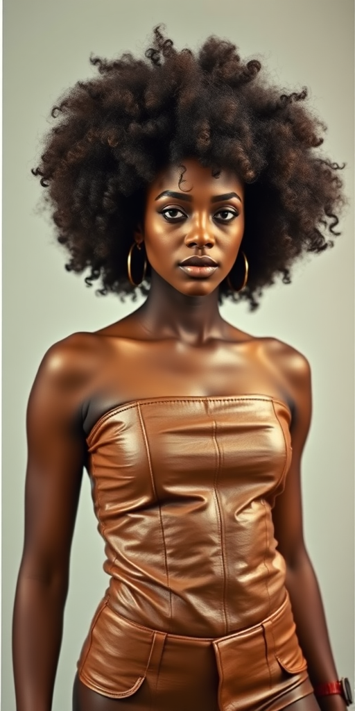 a fullbody polaroid photo of a busty african woman with an afro wearing a brown leather tube top