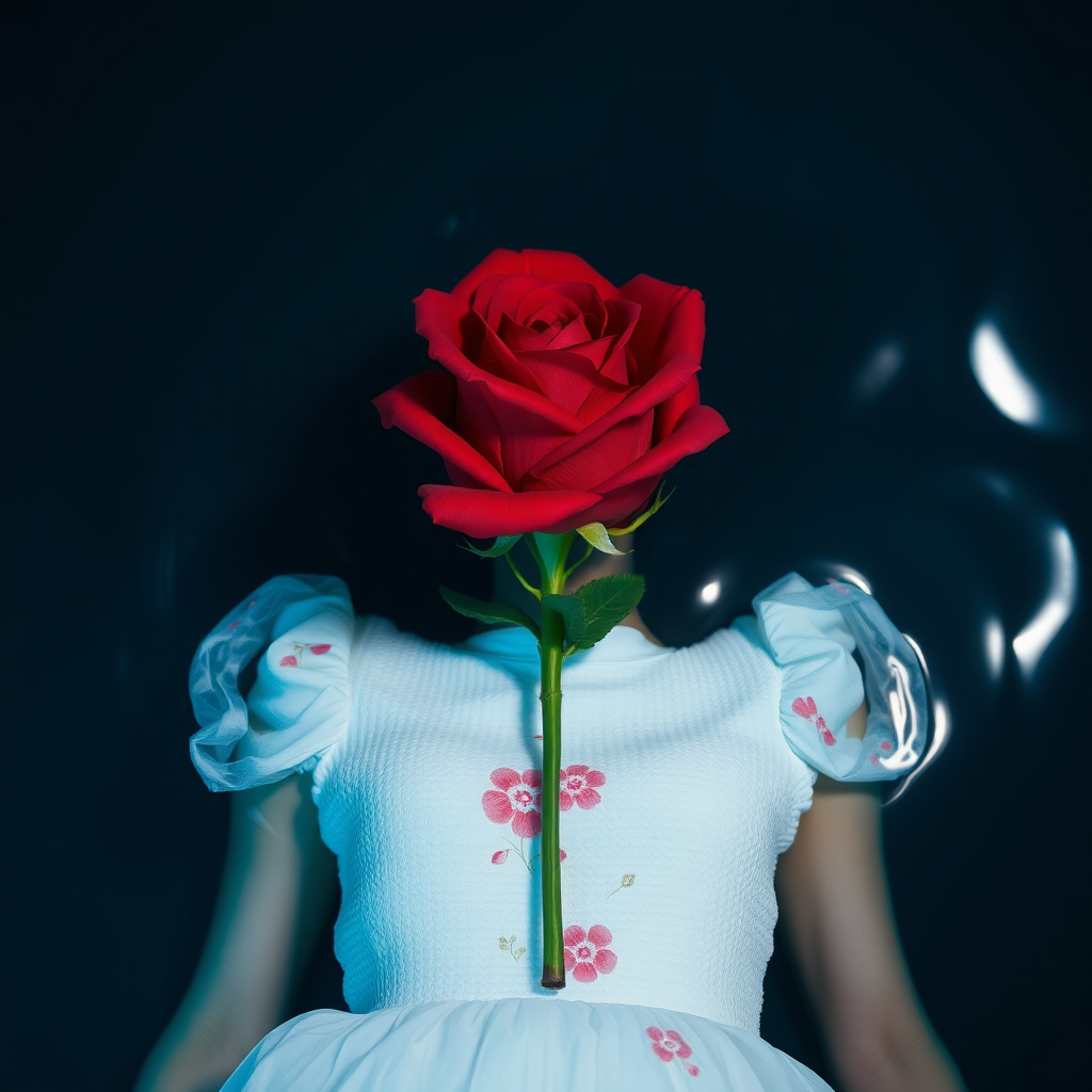 A red rose bouquet head, no human, front view, wearing a white textured dress with pastel minimal floral print design, closeup shot, hyperrealistic, lying inside water with blue and pink effect, nighttime, dark