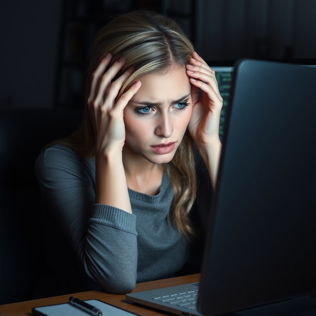 Create a foto realistic scene of a desperate young nice blonde girl sitting in front of a computer. Her posture should reflect frustration, with her hands either on her face or gripping her head. Her surroundings are a typical home or office workspace, with dim lighting adding to the tense and stressful mood. The computer screen could show error messages, glitches, or something causing her distress. The woman’s expression should be a mix of anxiety, exhaustion, and despair, with subtle attention to facial details like furrowed brows or clenched jaws.