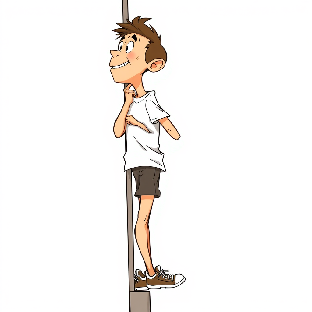 nervous short 20 year old european skinny man, short white t-shirt, standing, stunned, mesmerized, joyful, aroused, heavy drooling, heavy sweating, climbing a high pole, side view, sneakers, detailed feet, 2D, caricature, cartoon, Sketch lines, coloring book, coloring book, colorful image,