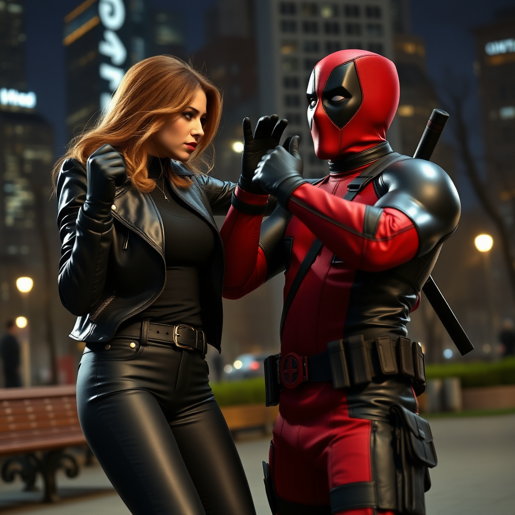 A beautiful angry female burglar in black leather jacket over black t-shirt with black pants and gloves slapping Deadpool in classic Deadpool suit in Manhattan park at night.