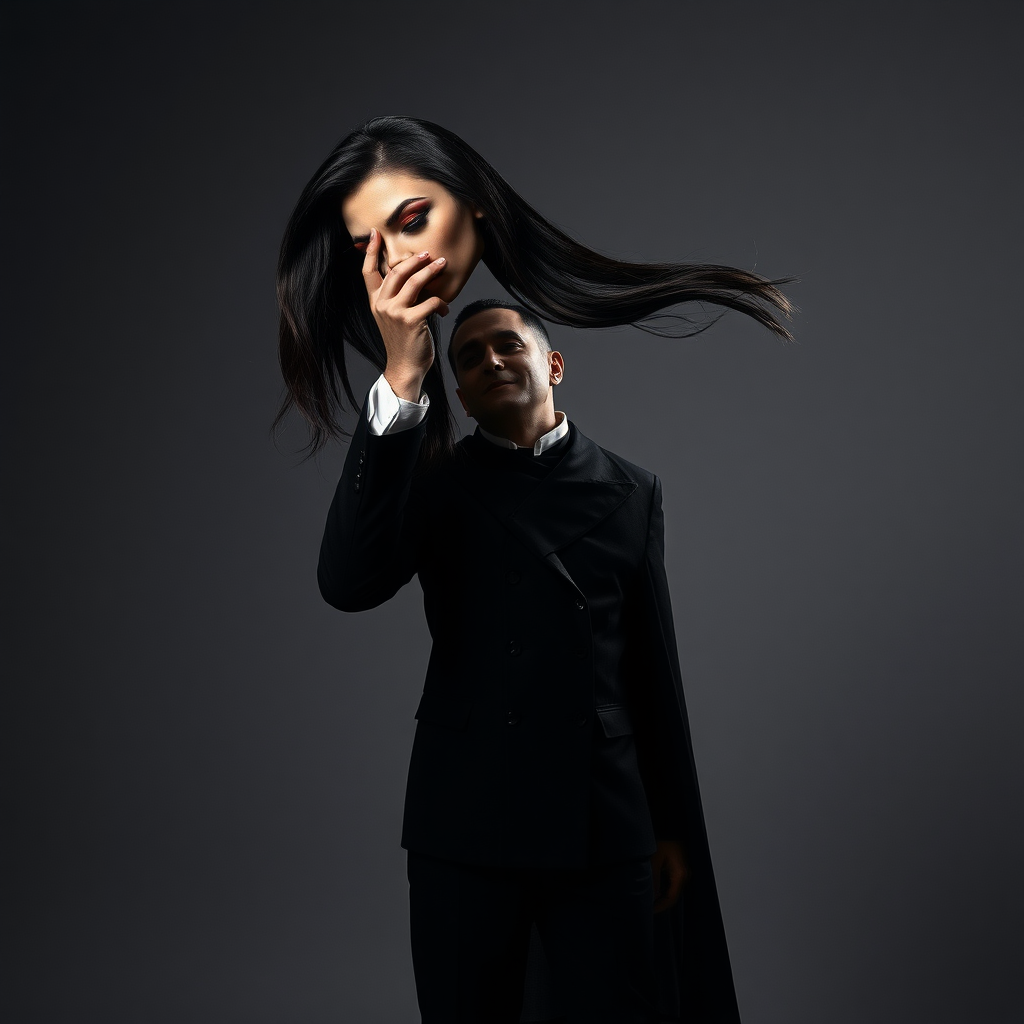 In a well lit room with stark minimalist decor, a magician stands confidently before the camera, his sharp silhouette contrasting against the plain gray background. The atmosphere is thick with a blend of intrigue and eeriness as he holds aloft the severed head of his long-haired female assistant. Her flowing locks cascade around his fingers, glistening dark and vibrant as they catch the light. The magician, with an enigmatic smile, leans forward, pressing his lips to her cold mouth in a disturbing display of affection.

The scene is quiet, except for the soft rustle of fabric as the magician’s cape drapes dramatically around him. A faint chill seems to fill the air, heightening the surreal and macabre nature of the tableau. The head’s lifeless eyes, framed by long lashes, still reflect a glimmer of magic and mystery, inviting the viewer to question the boundary between illusion and reality. The minimalist decor emphasizes the unsettling focal point of the performance, leaving the audience trapped in a moment that is both captivating and chilling.