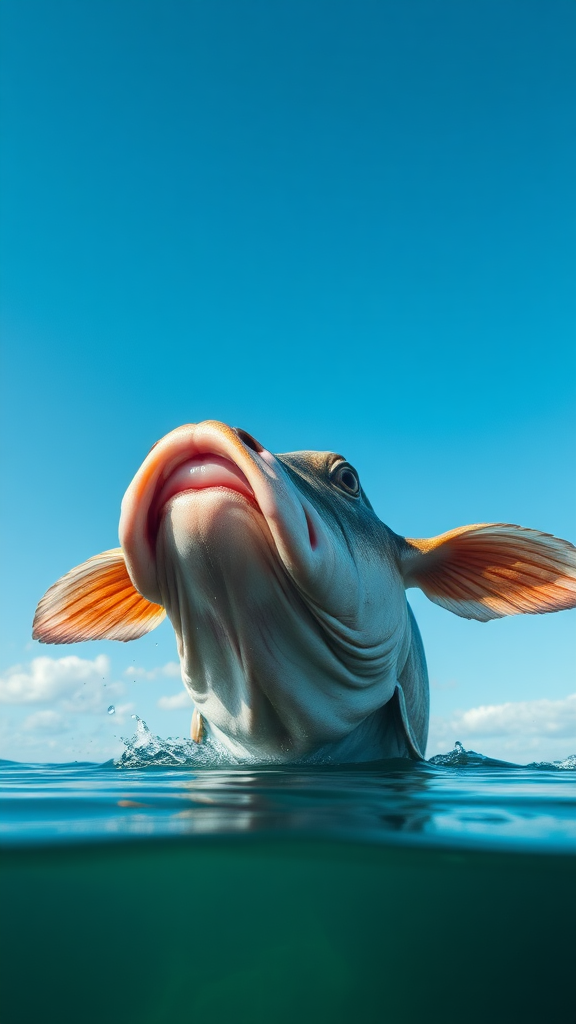 A big fish tail of fish mouth with cow mouth wim in water