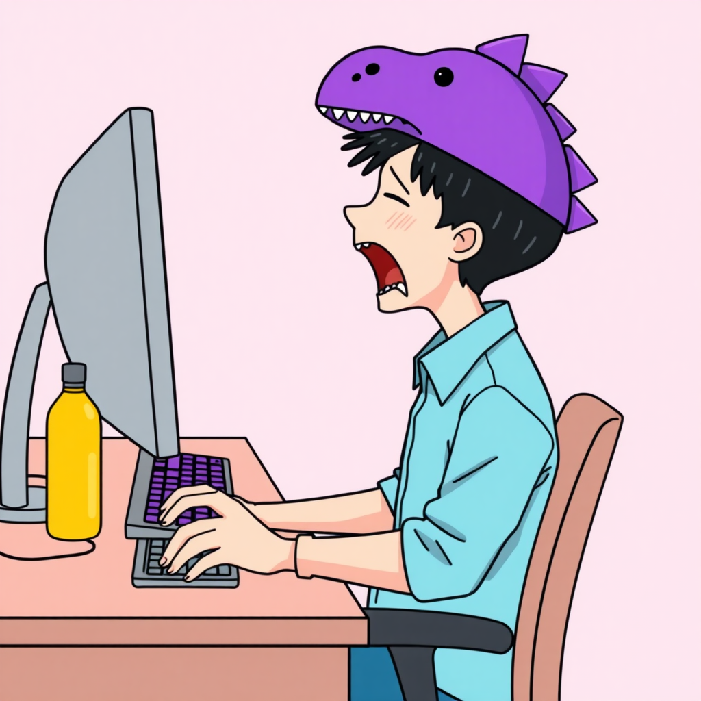 A high-quality illustration of a person sitting at a desk in front of a computer, yawning, with a purple dinosaur-themed cap and light blue shirt. The desk has a computer screen, a keyboard with purple keys, and a yellow bottle beside it. The view is the same as the original image with a light pink background and similar details, but the person now has a dinosaur cap instead of the original one.