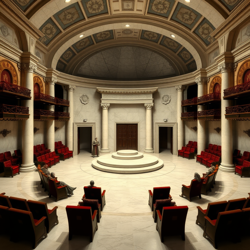 The auction hall is a cozy circular room, has polished marble floors and white alabaster pillars supporting a vaulted ceiling with the main entrance at the south side and a small servants entrance at the north side of the room. The servants entrance is also where the slaves are brought in. Right in front of that small entrance are small display platforms where the slaves present themselves for potential buyers. Leading from their display platforms is a path that lead to the larger main auction platform at the center of the room. From the big main doors on the south side a path also leads to the middle. On both side (west and east) are ascending rows of plush seating made from velvet and mahogany.