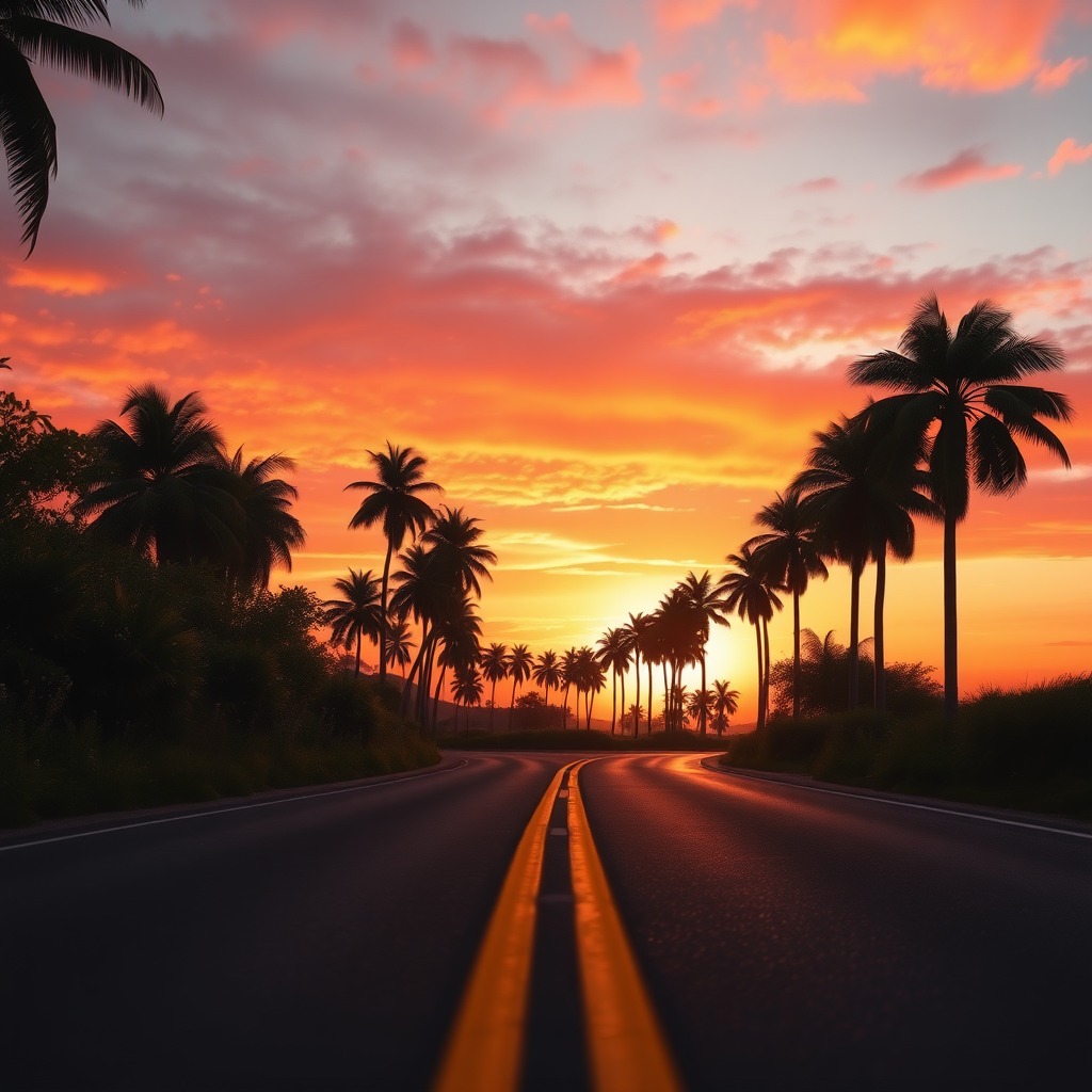 A serene sunset scene captured from a low angle on a winding road, bordered by tall palm trees. The road features a prominent yellow line that leads the viewer's eye into the distance. The sky is a breathtaking blend of warm oranges, deep purples, and soft pinks, reflecting a tranquil, golden hour ambiance. Soft silhouettes of lush vegetation on either side create a sense of depth, while the fading sunlight casts gentle shadows. The image evokes a peaceful feeling, reminiscent of an impressionist style, with an emphasis on color and atmosphere rather than precise detail. Viral animation nature wallpaper quality