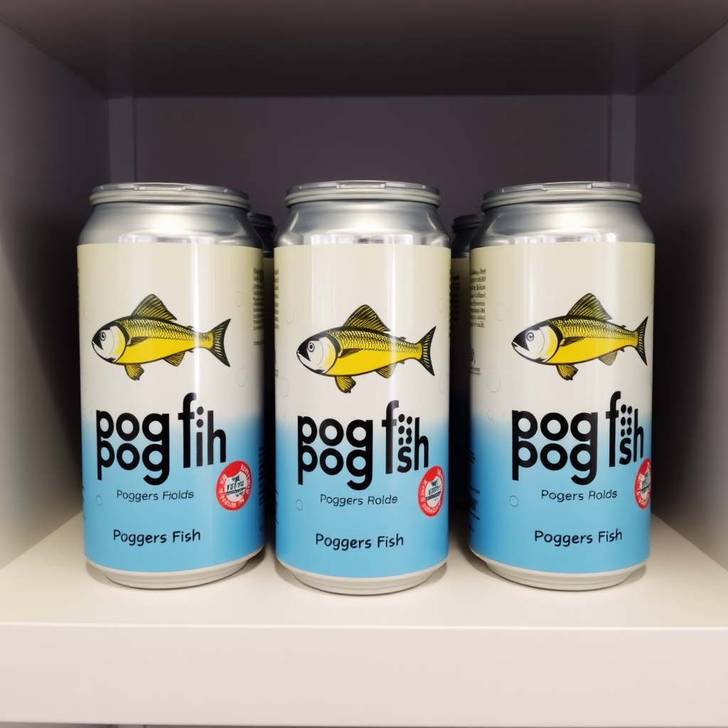 a small shelf with cans that have an image of fish on the label and text saying "pog fish poggers fish"