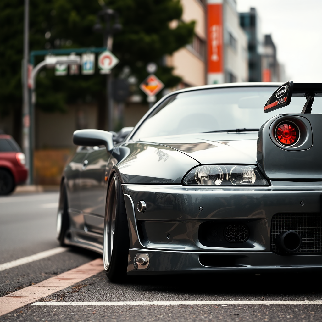 The car is parked on the side of the road, inspired by Taiyō Matsumoto, tumblr, restomod, nd4, c4 metallic shine gray black nissan skyline r34 tokyo gece cosplay kadınlar arkaplan hatasız ayrıntılı genel gerçek detaylar