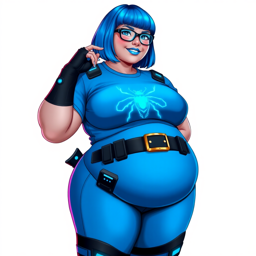 A 28-year-old, full-figured, computer program hybrid with a maximum blue bob cut. She has a non-athletic, full-figured build, highlighted by a prominent, round, large midsection (with full emphasis on her large belly). As the full-figured, nerdy, digital sidekick to her cyberpunk vigilante boyfriend, her metallic middle gray skin and maximum blue lipstick emphasize her digital nature. She wears a digital, computerized costume inspired by DC’s Carrie Kelly Robin, consisting of a huge, tight-fitting, maximum blue t-shirt with a neon blue glowing chest icon of a beetle, hi-tech shoulder pads with neon blue accents, a black hi-tech belt with a digital neon blue glowing buckle, digital maximum blue pants with neon blue accents, and black hi-tech fingerless biker gloves with neon blue glowing accents. Her bright blue eyes, black eyeglasses with glowing neon blue lenses with a built-in HUD, and shy smile with neon red blush accentuate her nerdiness. She stands bashfully with one hand behind her back and the other hand gently touching her cheek, her costume covering all her skin and emphasizing her full-figured physique (especially her belly). She is clearly non-athletic, with a heavy focus on her large belly. Despite her build, she radiates beauty. She has a slim face compared to her physique, accentuating her radiant beauty. She is on a solid white background. She is drawn as if she were in a retro 2D cyberpunk fighting game. Her full figure is on full display and fully emphasized.