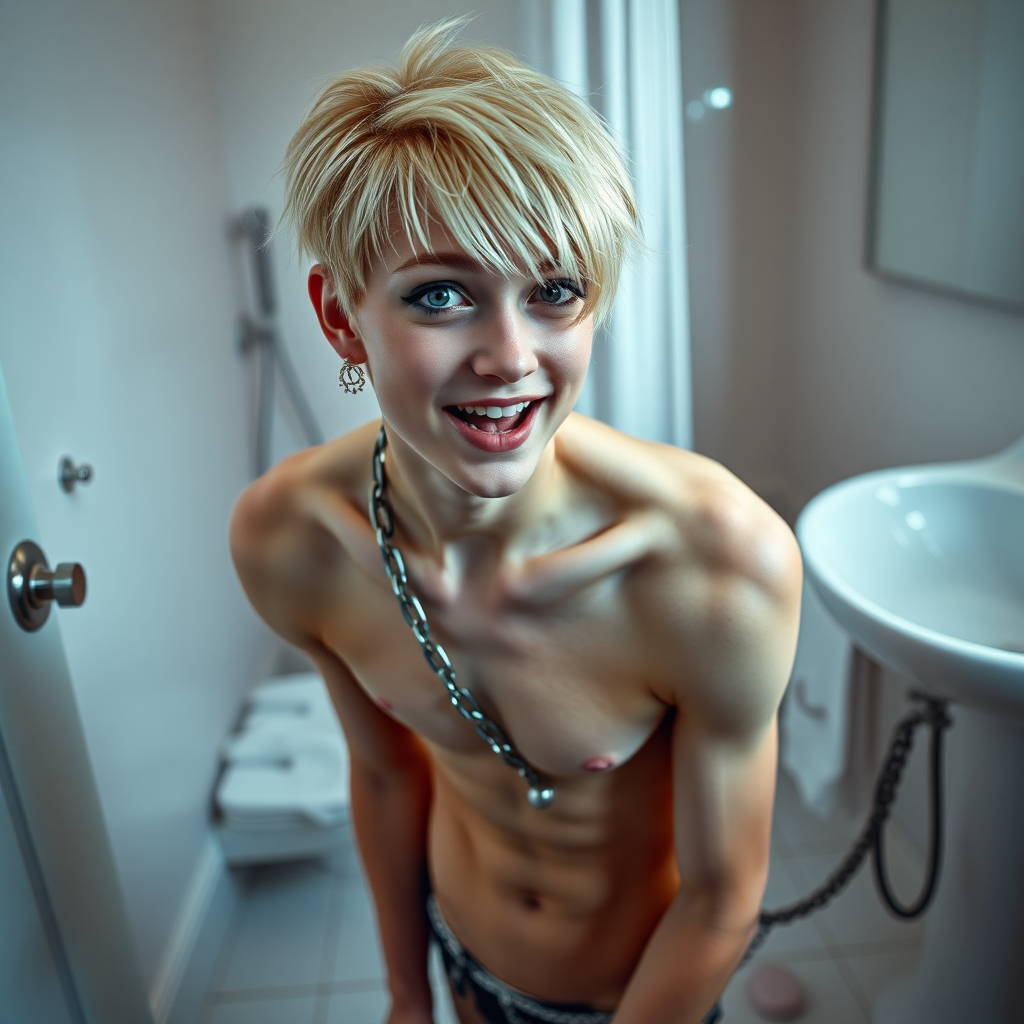 photorealistic, ultra high resolution, 16K, surreal fantasy, studio lighting, a pretty 16 year old goth boy, slim male physique, short blonde hair, goth makeup, earrings, spikey chain and leash, pantyhose, white ballet shoes, in the bathroom, excited smile, facing the camera.