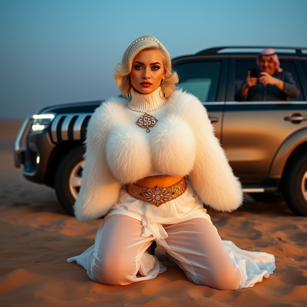 Kuwait desert dunes misty dawn, full size luxury SUV: Melissa, European 17 years old very convincing femboy “trophy-bimbo”, tamed servile docile, very beautiful feminine flawless face, rather short, by hormones very curvaceous womanly figured, platinum blond short tight curls, bold red lips, heavily made-up face, wearing Supertanya-style fluffy very fuzzy bright white angora turtleneck-poncho cropped ending under bust decorated with pearls and gemstones, striking oriental wide gold bridal protection belt, white fully transparent harem pants, full Oriental bridal jewelry with striking headpiece, full Oriental face-jewelry, striking diamond “$$$” letter brooch on left chest, pout frustrated, hands tied behind back, kneeling in sand in front of SUV, looking at camera. Focus on face and turtleneck-poncho. Standing behind leaning against SUV: older overweight mighty sheik laughing taking pictures with mobile phone.